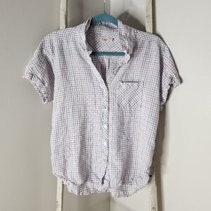 Faherty Womens Medium Red White Blue Button Down Linen Blend Top